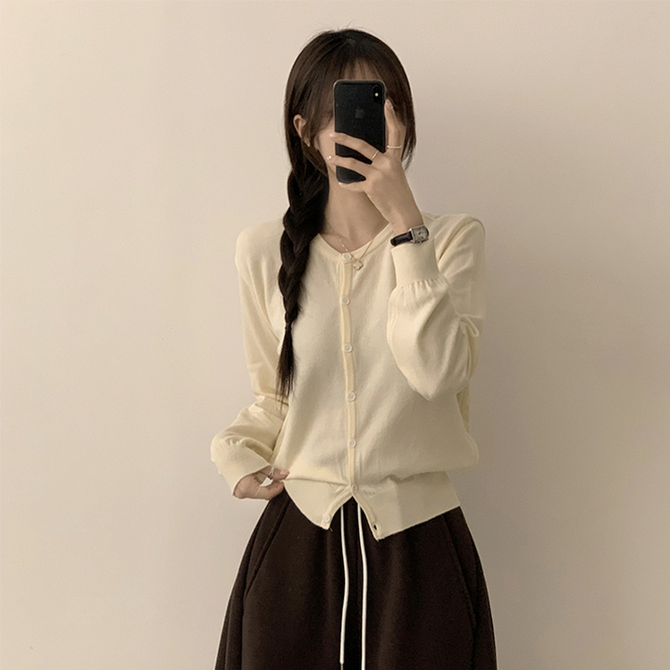 ラウンド無地カーディガンニット(10color) Cream(three-quarter sleeved)