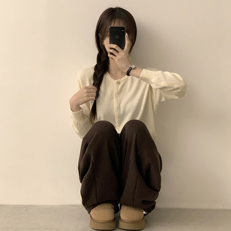 ラウンド無地カーディガンニット(10color) Cream(three-quarter sleeved)
