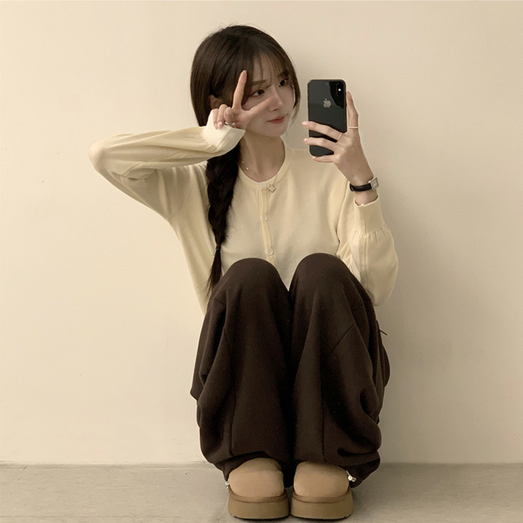 ラウンド無地カーディガンニット(10color) Cream(three-quarter sleeved)