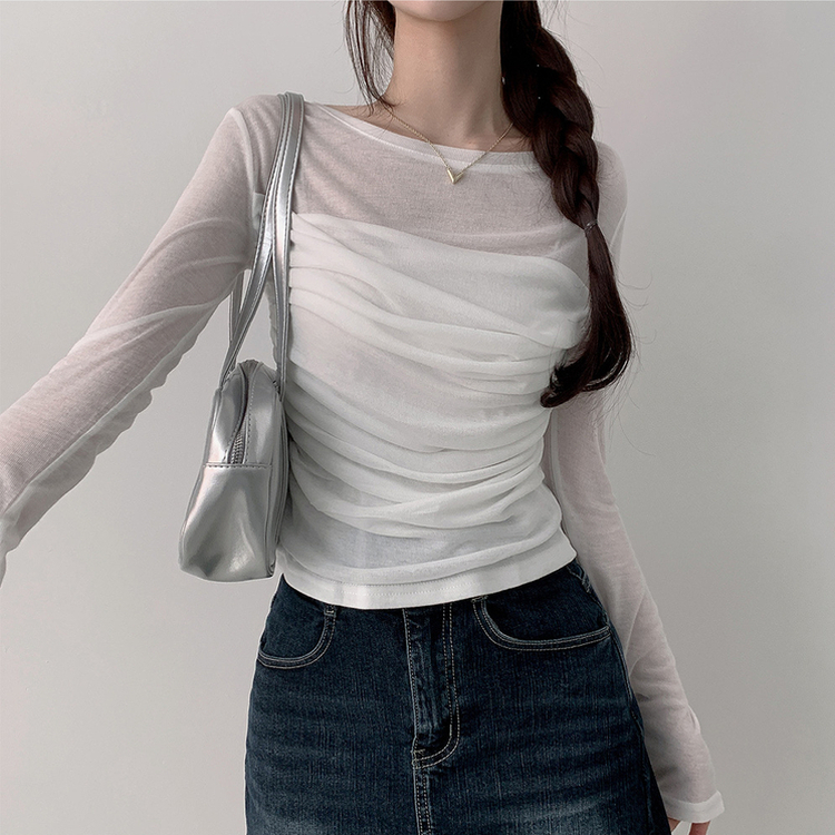 スリムシャーリングドレープ長袖Tシャツ WHITE