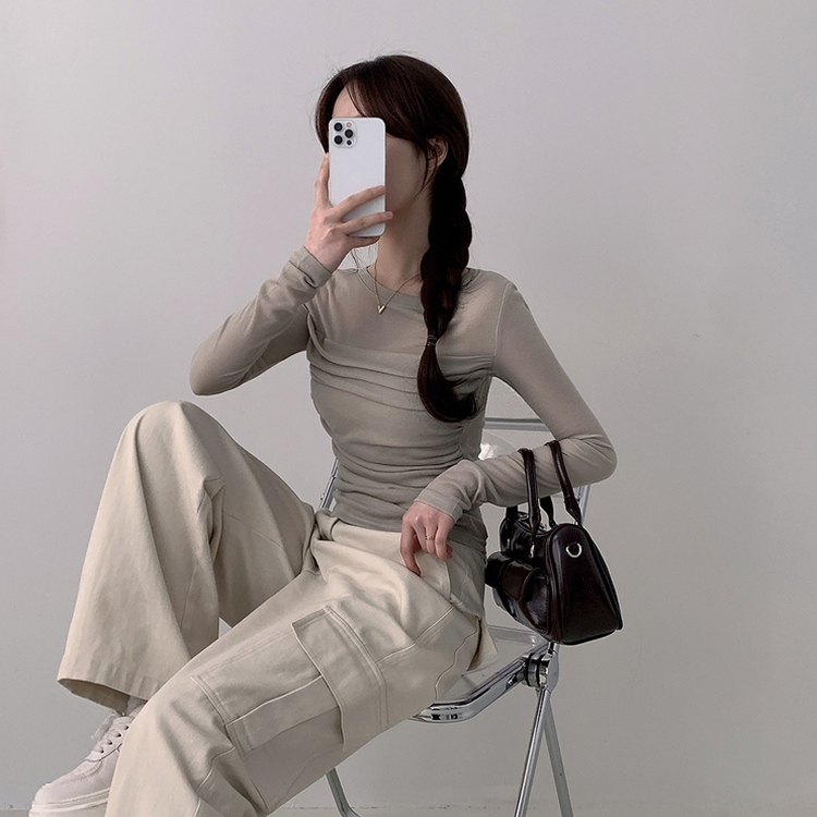 スリムシャーリングドレープ長袖Tシャツ LIGHT KHAKI