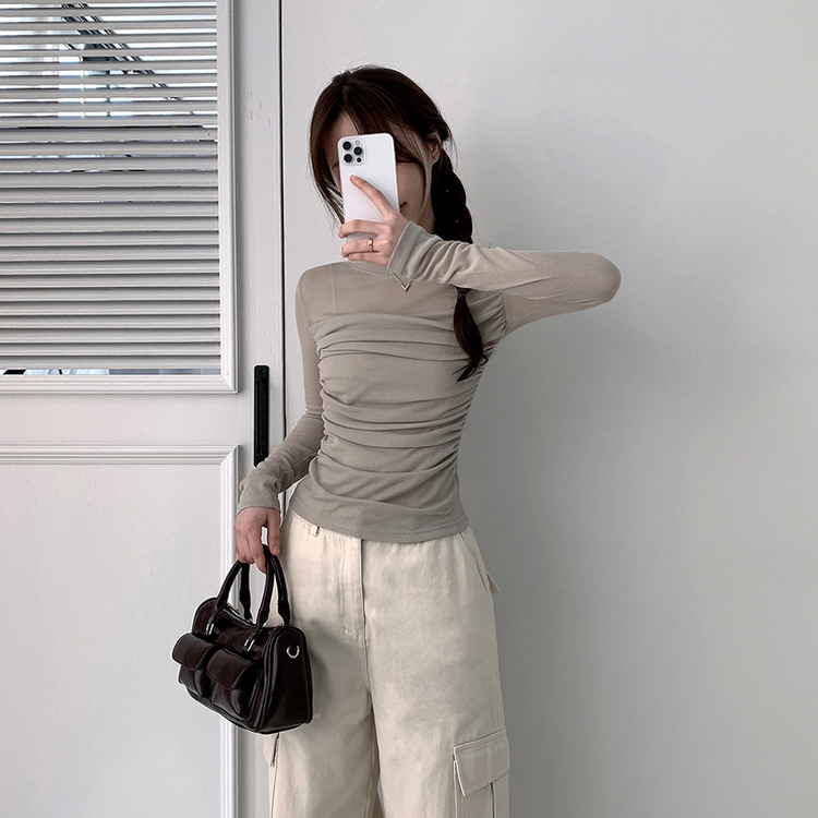 スリムシャーリングドレープ長袖Tシャツ LIGHT KHAKI