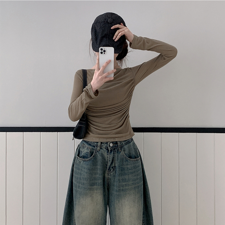 スリムシャーリングドレープ長袖Tシャツ KHAKI