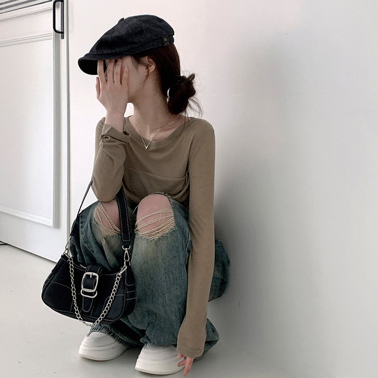 スリムシャーリングドレープ長袖Tシャツ KHAKI