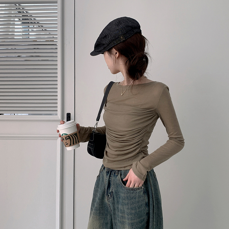 スリムシャーリングドレープ長袖Tシャツ KHAKI