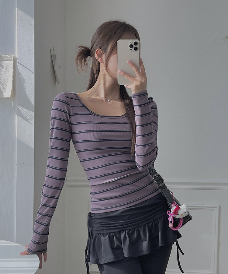 スクエアUネックスリム長袖Tシャツ PURPLE