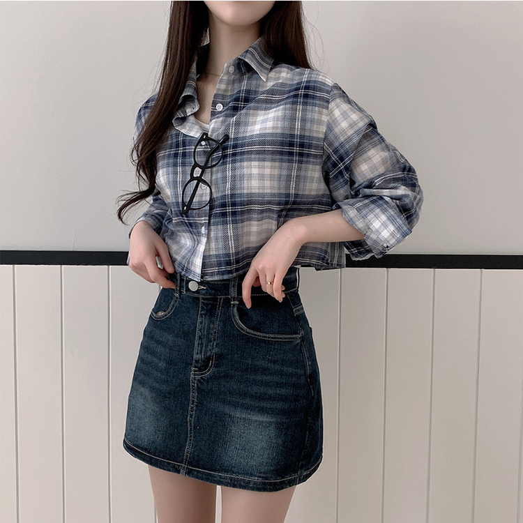 バックスリットクロップチェックシャツ NAVY