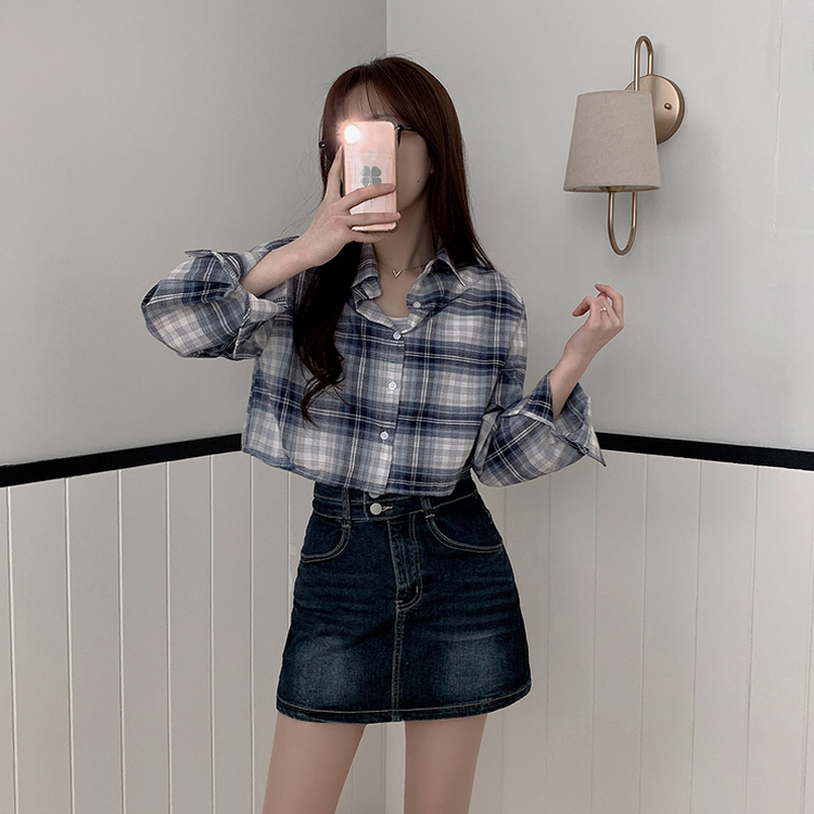 バックスリットクロップチェックシャツ NAVY