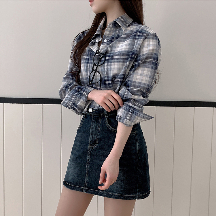 バックスリットクロップチェックシャツ NAVY