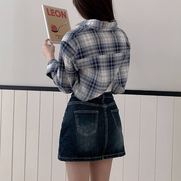 バックスリットクロップチェックシャツ NAVY