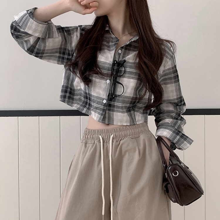バックスリットクロップチェックシャツ BLACK