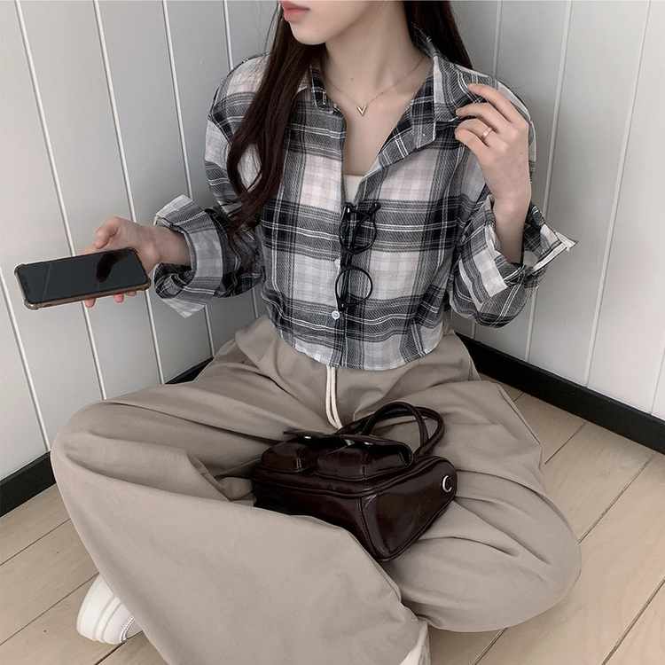 バックスリットクロップチェックシャツ BLACK