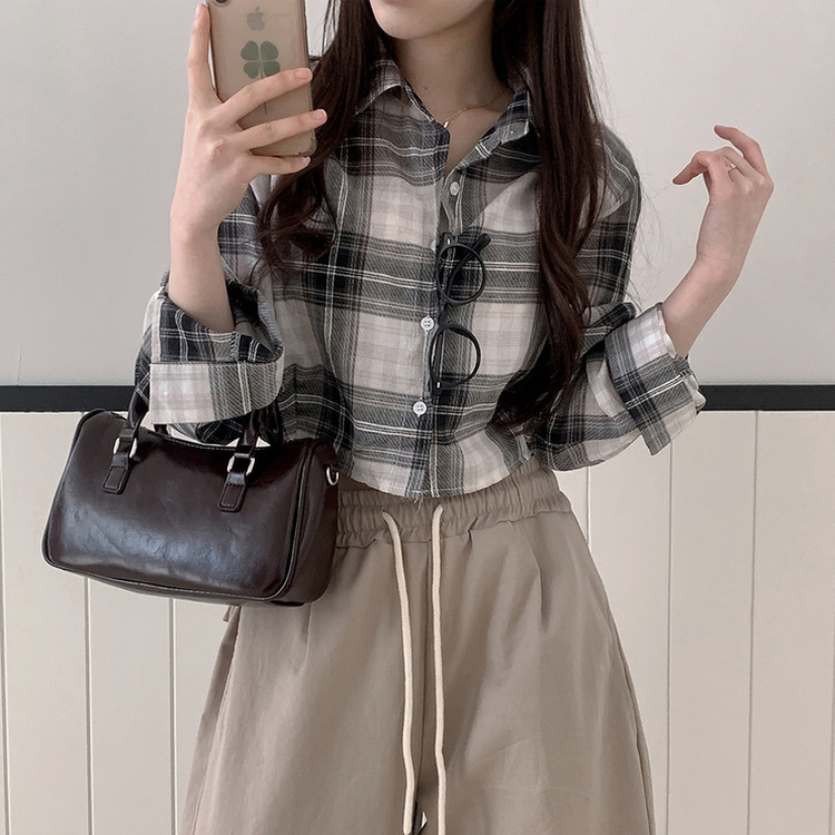 バックスリットクロップチェックシャツ BLACK