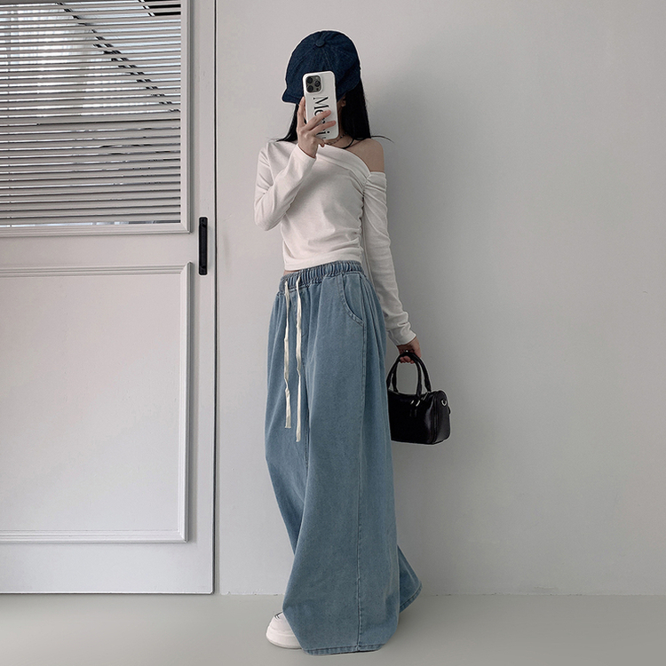 【丈別】ハイウエストバンディングワイドデニムパンツ LIGHT BLUE