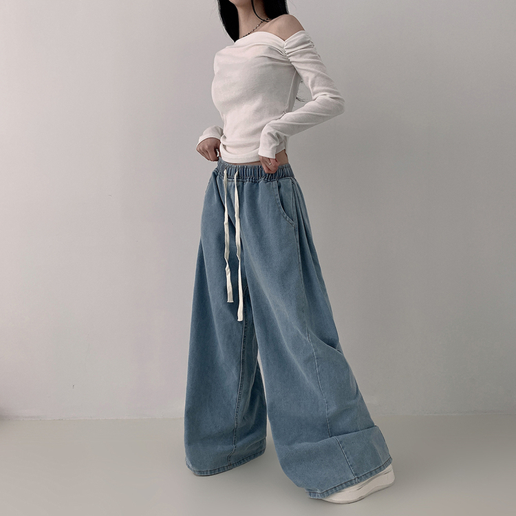【丈別】ハイウエストバンディングワイドデニムパンツ LIGHT BLUE