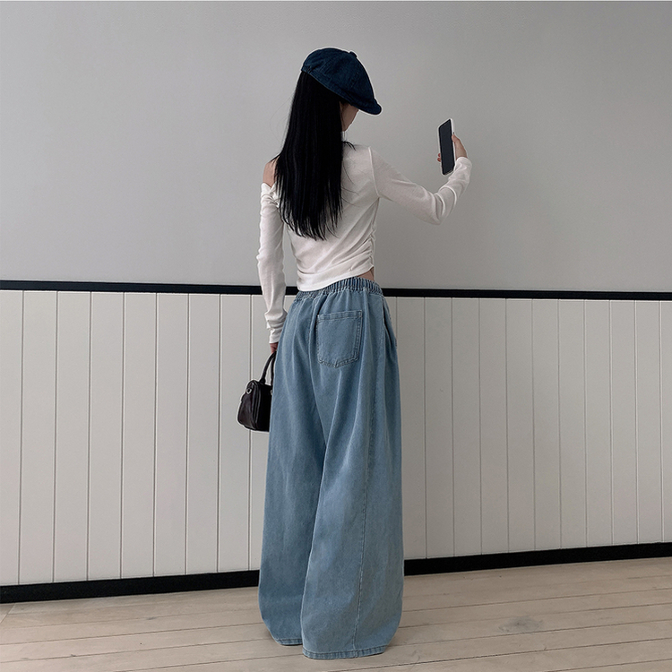 【丈別】ハイウエストバンディングワイドデニムパンツ LIGHT BLUE