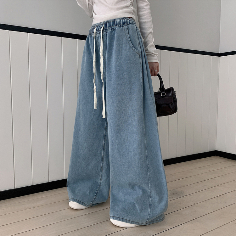 【丈別】ハイウエストバンディングワイドデニムパンツ LIGHT BLUE