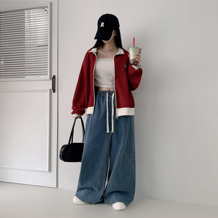 【丈別】ハイウエストバンディングワイドデニムパンツ BLUE