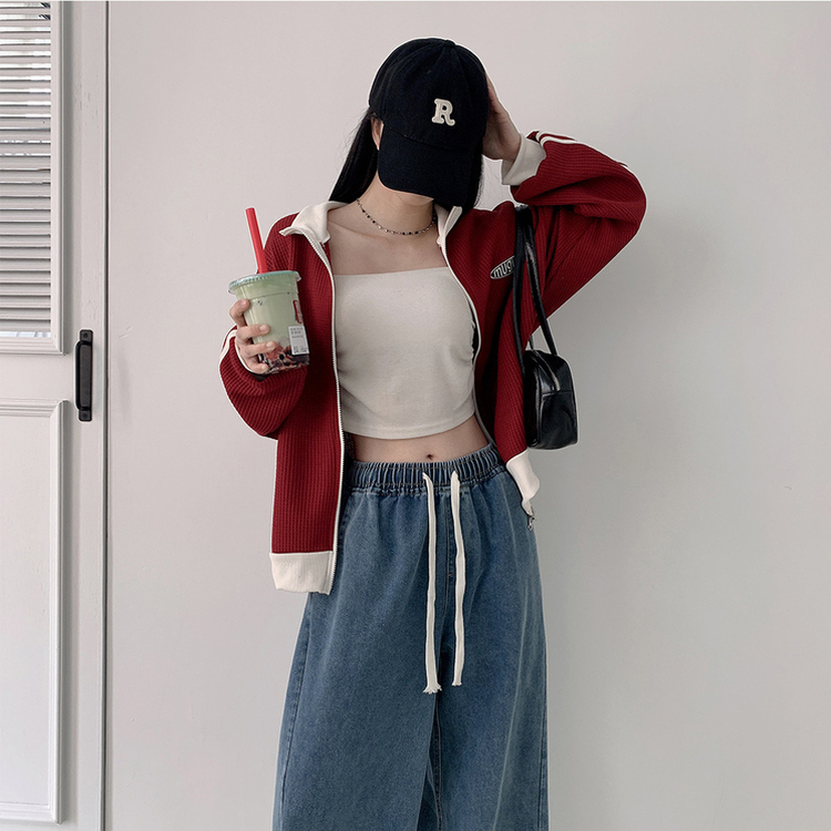 【丈別】ハイウエストバンディングワイドデニムパンツ BLUE