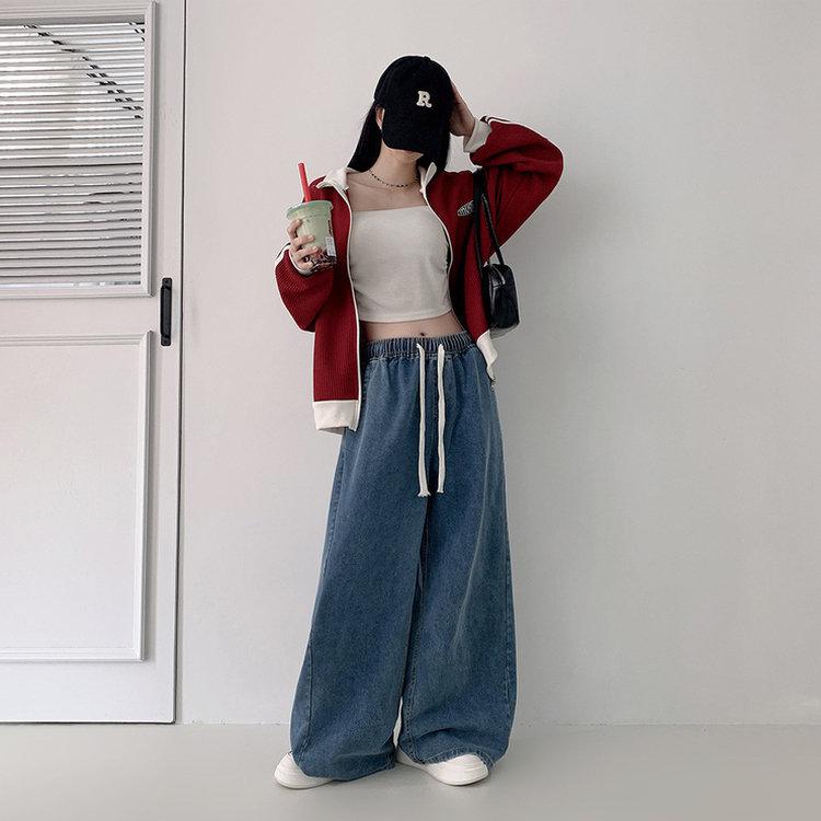 【丈別】ハイウエストバンディングワイドデニムパンツ BLUE