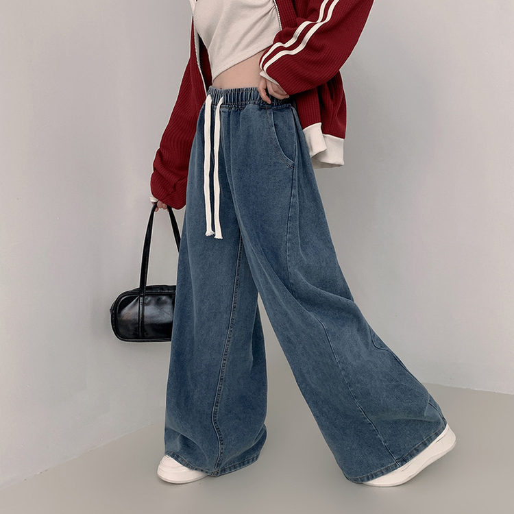 【丈別】ハイウエストバンディングワイドデニムパンツ BLUE