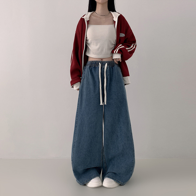 【丈別】ハイウエストバンディングワイドデニムパンツ BLUE