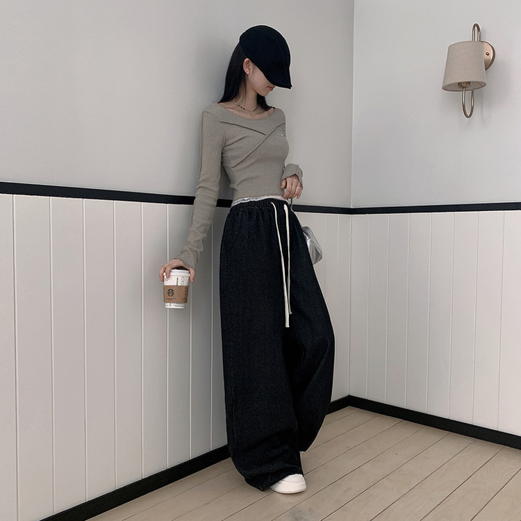 【丈別】ハイウエストバンディングワイドデニムパンツ BLACK DENIM