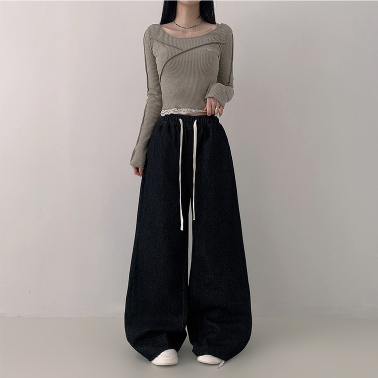 【丈別】ハイウエストバンディングワイドデニムパンツ BLACK DENIM