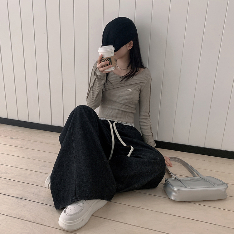 【丈別】ハイウエストバンディングワイドデニムパンツ BLACK DENIM