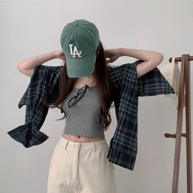 【SET】クロップチェックシャツ デイリークロップキャミソール GREEN