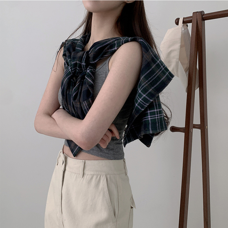 【SET】クロップチェックシャツ デイリークロップキャミソール GREEN