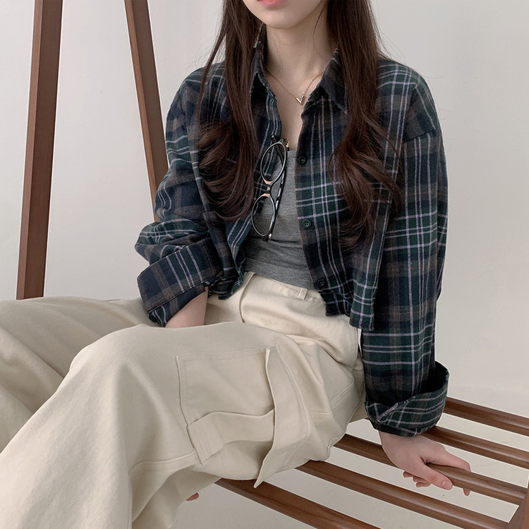 【SET】クロップチェックシャツ デイリークロップキャミソール GREEN