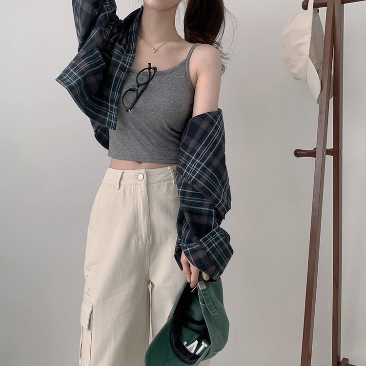 【SET】クロップチェックシャツ デイリークロップキャミソール GREEN