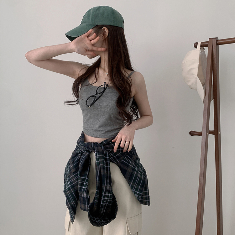 【SET】クロップチェックシャツ デイリークロップキャミソール GREEN