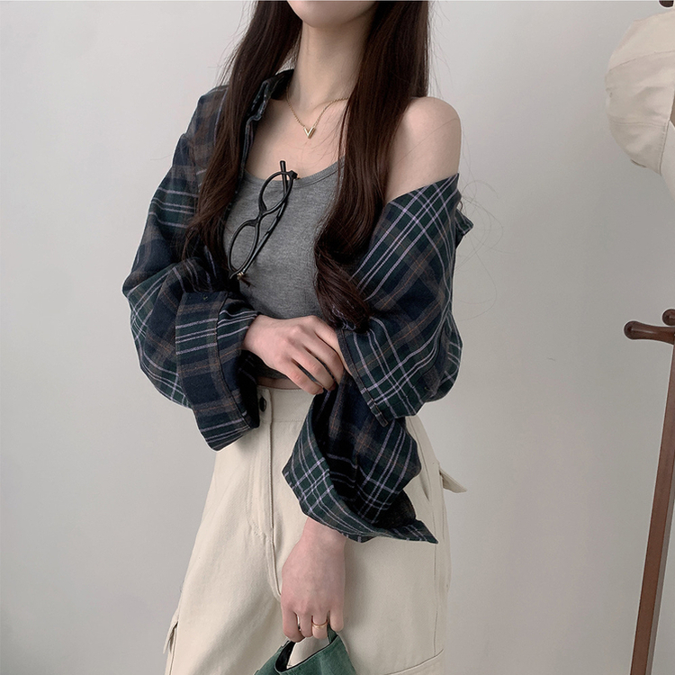 【SET】クロップチェックシャツ デイリークロップキャミソール GREEN