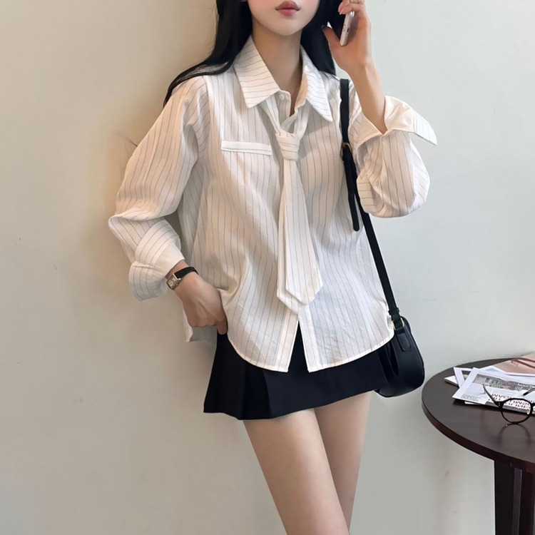 【タイ付き】ストライプルーズフィット長袖シャツ IVORY