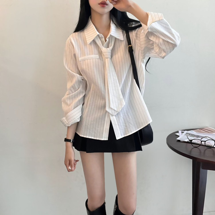 【タイ付き】ストライプルーズフィット長袖シャツ IVORY