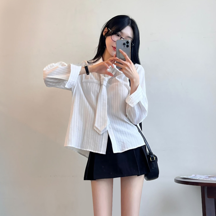 【タイ付き】ストライプルーズフィット長袖シャツ IVORY