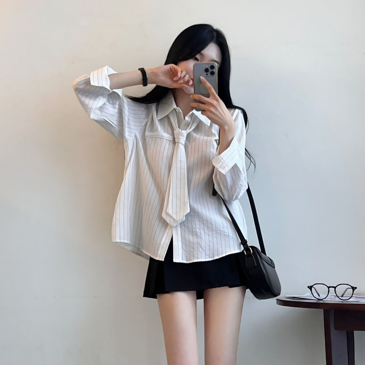 【タイ付き】ストライプルーズフィット長袖シャツ IVORY