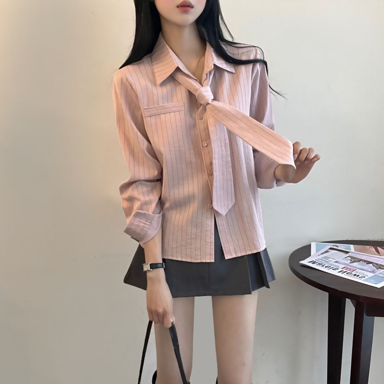 【タイ付き】ストライプルーズフィット長袖シャツ PINK