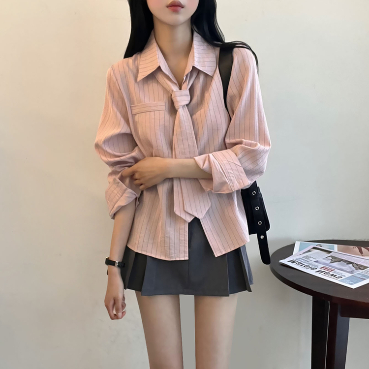 【タイ付き】ストライプルーズフィット長袖シャツ PINK