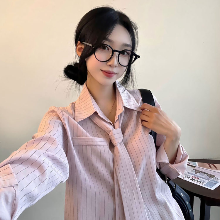 【タイ付き】ストライプルーズフィット長袖シャツ PINK