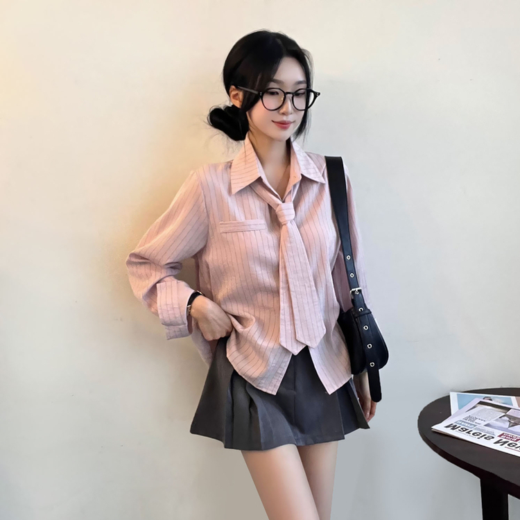 【タイ付き】ストライプルーズフィット長袖シャツ PINK