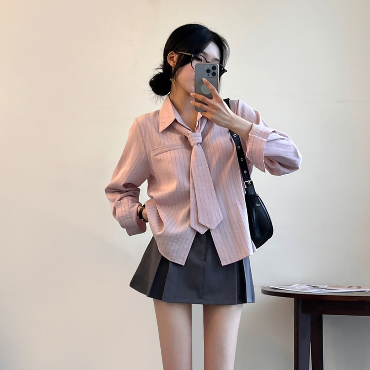 【タイ付き】ストライプルーズフィット長袖シャツ PINK