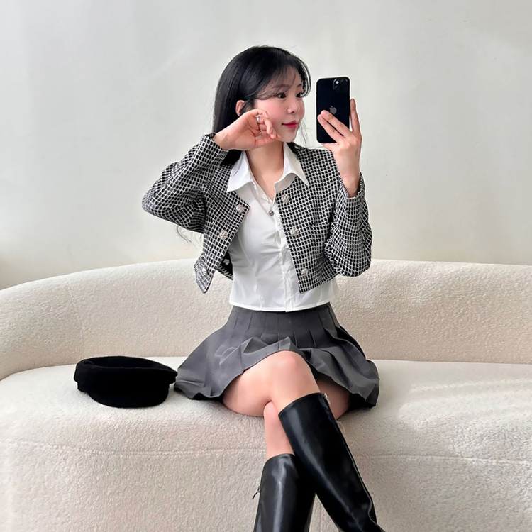【SET】ツイードラウンドクロップジャケット BLACK