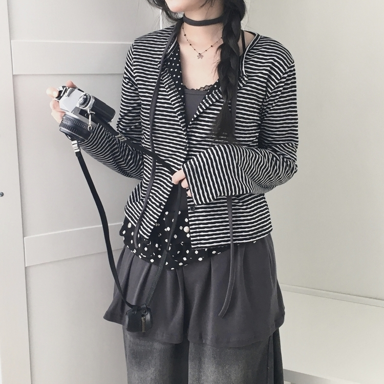 ビンテージドットストライプ長袖カーディガン BLACK