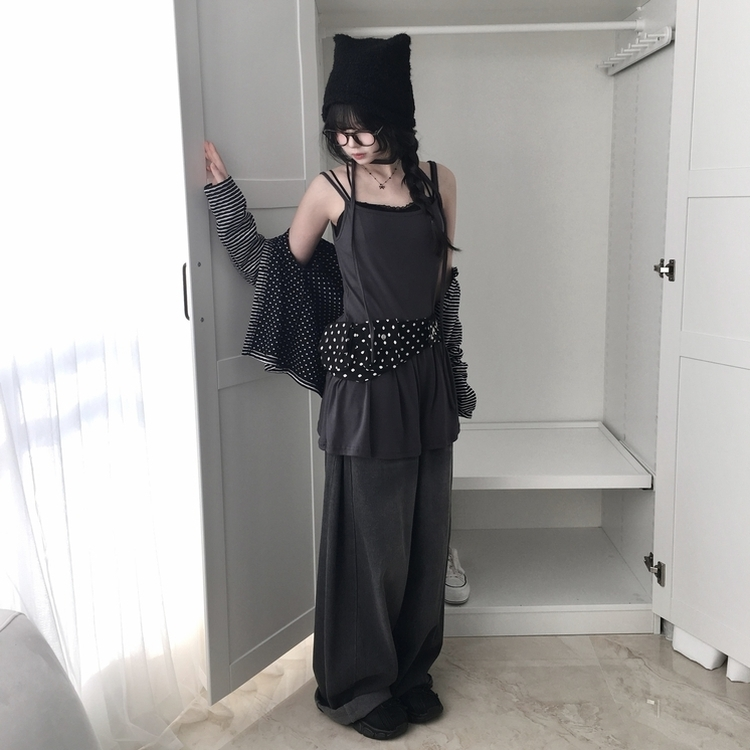 ビンテージドットストライプ長袖カーディガン BLACK