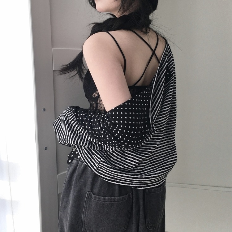 ビンテージドットストライプ長袖カーディガン BLACK