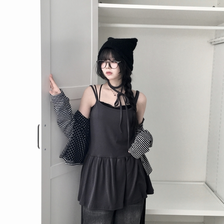 ビンテージドットストライプ長袖カーディガン BLACK