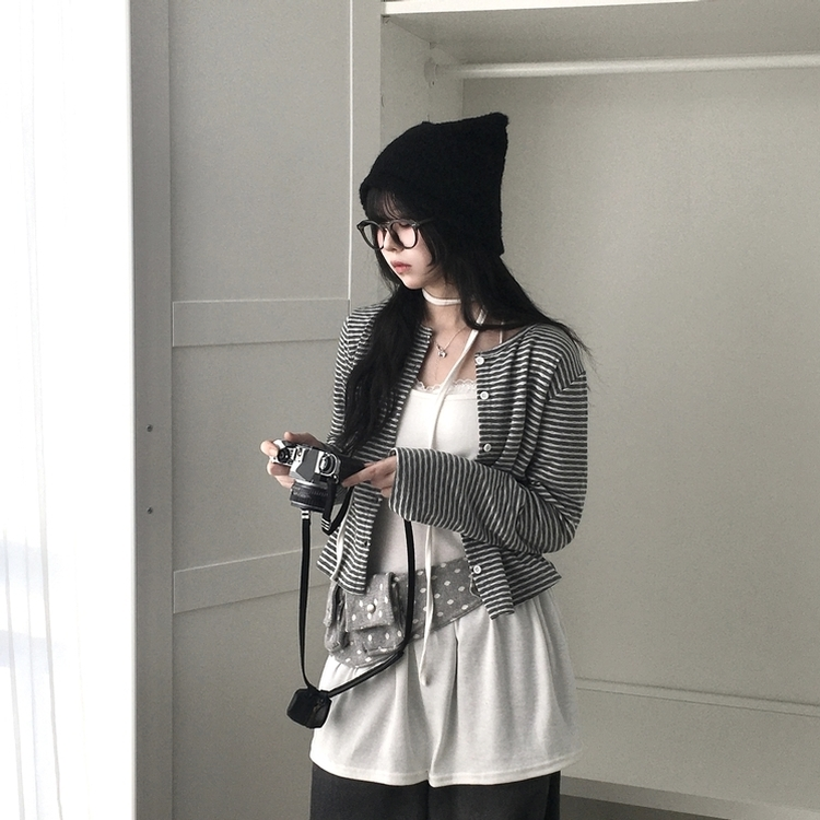 ビンテージドットストライプ長袖カーディガン GREY